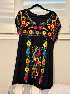 Black Embroidered Mini Dress with Vibrant Floral & Bird Motif